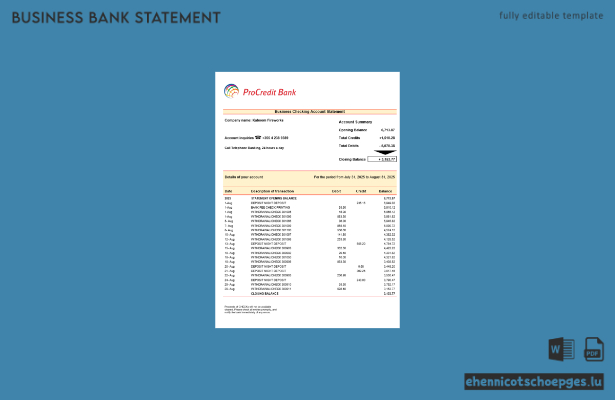 ProCredit-Kontoauszug im Word- und PDF-Format – Beispielvorschau